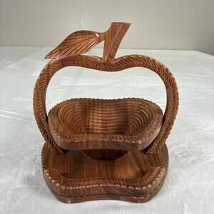 Vintage Hand Carved Collapsible Wooden Fruit Bowl Basket Engraved With Flowers